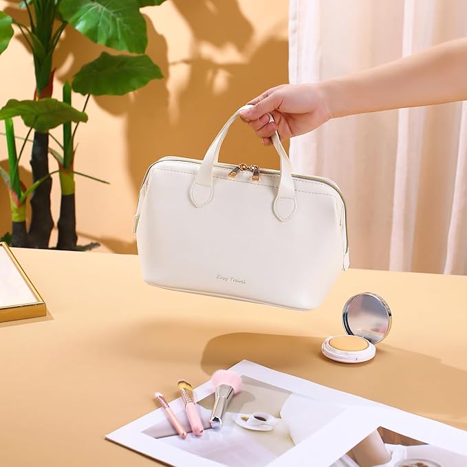 Travel Makeup Bag, Large Wide-open Cosmetic Bag Make Up Organizer Case for Women, Waterproof PU Leather Toiletry Bag Skincare Pouch for Toiletries Accessories Brushes
