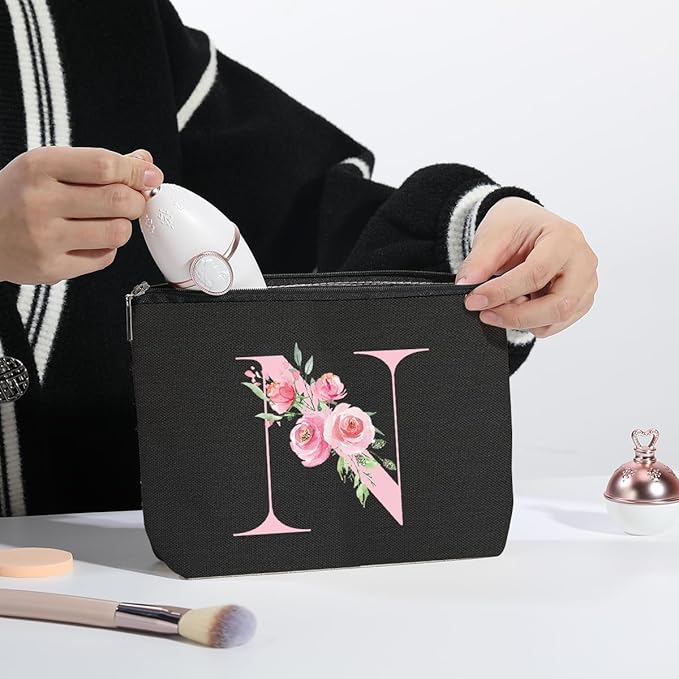 A-Z Personalized Cosmetic Bag Monogrammed Makeup Bags Bridesmaid Gifts Custom Toiletry Pouch Gifts for Women Mom Best Friend Sister Bride Bridesmaid (N)