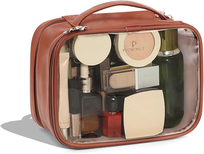 Pocmimut Makeup Case,Double Layer Large Cosmetic Bag with Makeup Brush Bag,TSA Approved Toiletry Bag Skincare Bag Car Accessories Travel Essentials Organizers for Women,Brown
