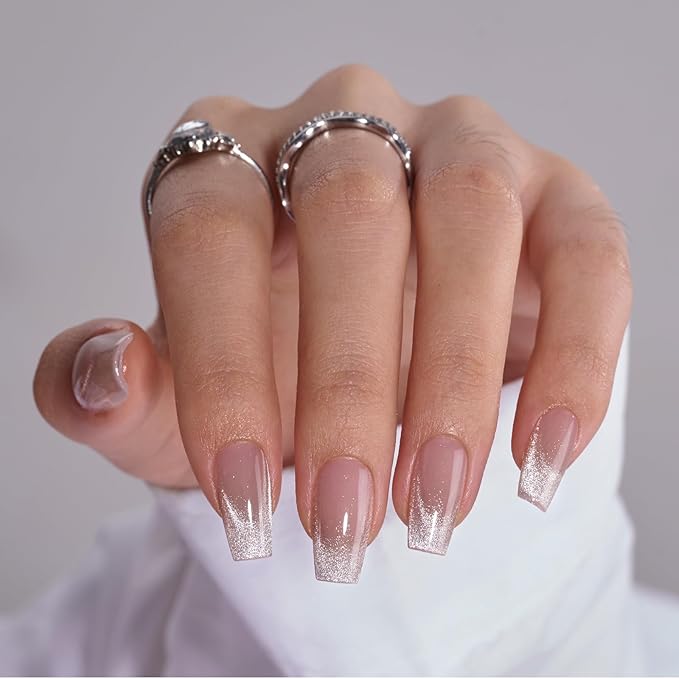 BTArtbox Press On Nails Short - Cat Eye French Tip Press On Nails Coffin, Light Weight & Fit Perfectly Nail Tips, Natural Fake Nail with Glue, Glue On Nails in 16 Sizes - 30 Nail Kit, Milky Way