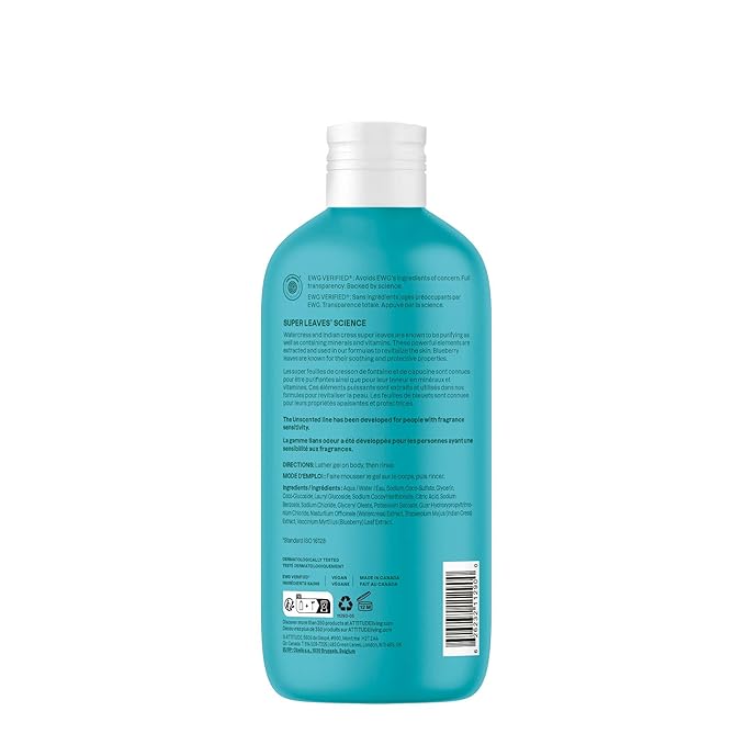 ATTITUDE Body Wash, EWG Verified Shower Gel, Dermatologically Tested, Plant and Mineral-Based, Vegan Personal Care Products, Extra Gentle, Unscented, 16 Fl Oz