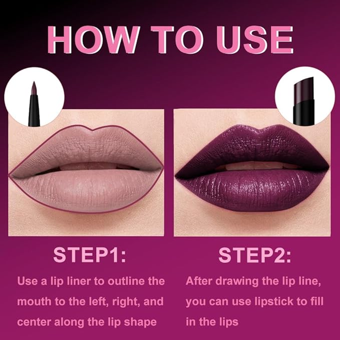 2Pcs 2 in 1 Matte Dark Purple Lip Liner and Lipstick Combo Set for Women,Lipstick Stain Lip Liner for Daily & Party Long Lasting Waterproof Smudge Proof 24 Hour Full Coverage Vegan Lip Makeup Kit