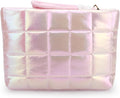 DOB SECHS Quilted Checkered Makeup Bag with Strap, Cute Puffer Cosmetic Bags for Women, Cotton Puffy Toiletry Zipper Pouch, Travel Essentials Storage Organizer Clutch Pencil Case, Iridescent Pink