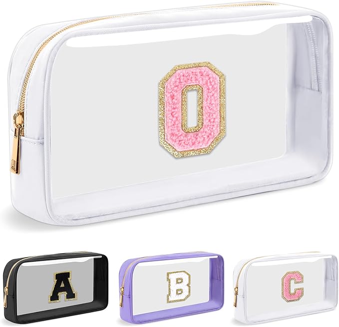 Personalized Initial Letter Clear Makeup Bag,Preppy Small Nylon&PVC Cosmetic Zipper Bag with Chenille Letter,Travel Skincare Toiletry Bag,Monogram Christmas Gift for Teen Girls Women,O