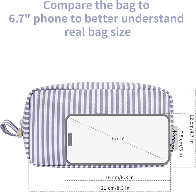 Narwey Cute Makeup Bag Small Toiletry Bag Travel Cosmetic Bag Organizer Make Up Bags with Organized Pockets for Women (Greyish Blue Stripe, Large)
