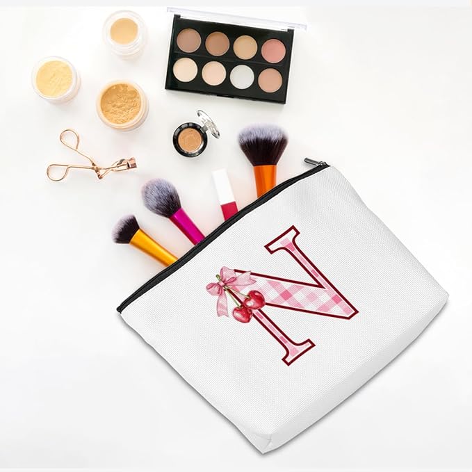 Initial Makeup Bag Monogram Cosmetic Bag Monogrammed Gifts for Women Girls Friends Coworker Sisters Personalized Travel Toiletry Bag Christmas Bridal Shower Wedding Bridesmaid Gifts, Cherry N