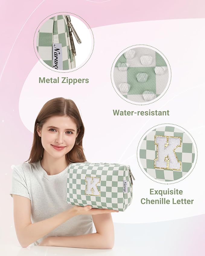 Narwey Birthday Gifts for Teen Girls Women Personalized Initial Checkered Makeup Bag Preppy Cosmetic Bag Trendy Stuff 6 8 10 11 12 13 14 16 18 Years Old Travel Toiletry Bag (Green Letter K)