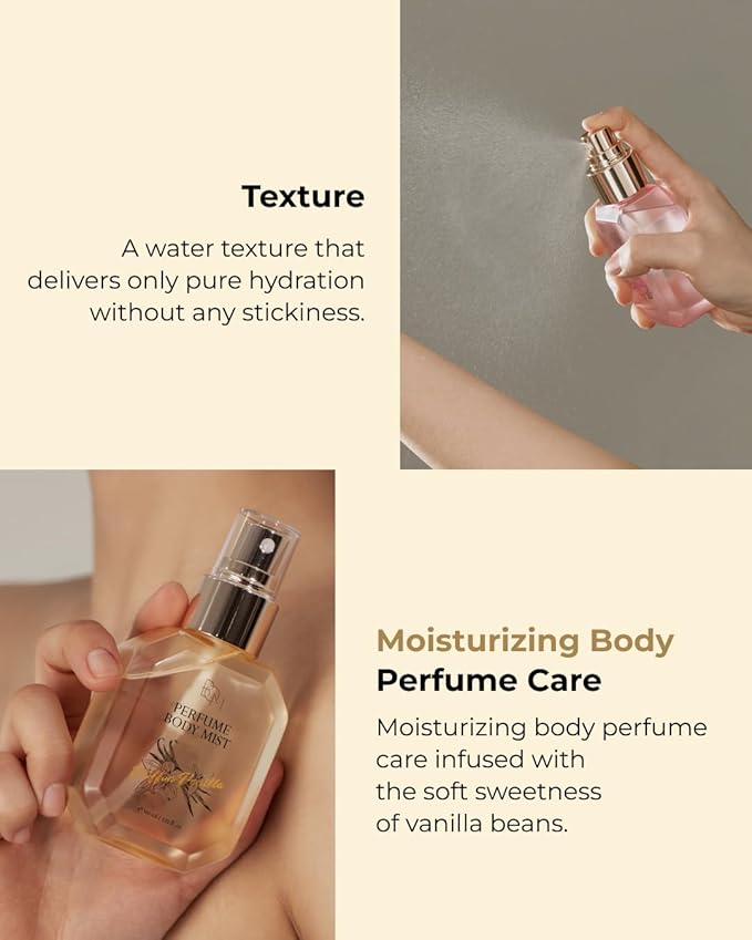 BOM Chiffon Vanilla Body Mist 3.71 Fl Oz, Vanilla Scented Fine Mist with Hyaluronic Acid, Niacinamide & Vitamin C, Hydrating, Lightweight, Long Lasting Fragrance, Korean Skincare