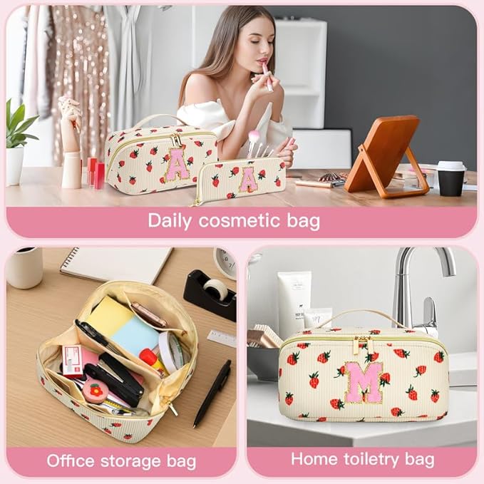 Personalized Travel Makeup Bag Set,Initial Travel Strawberry Makeup Organizer Bag,Toiletry Skincare Cosmetic Bag,Christmas Gifts for Women/Girls,Open Flat Toiletry Pouch with Brush Pocket-O