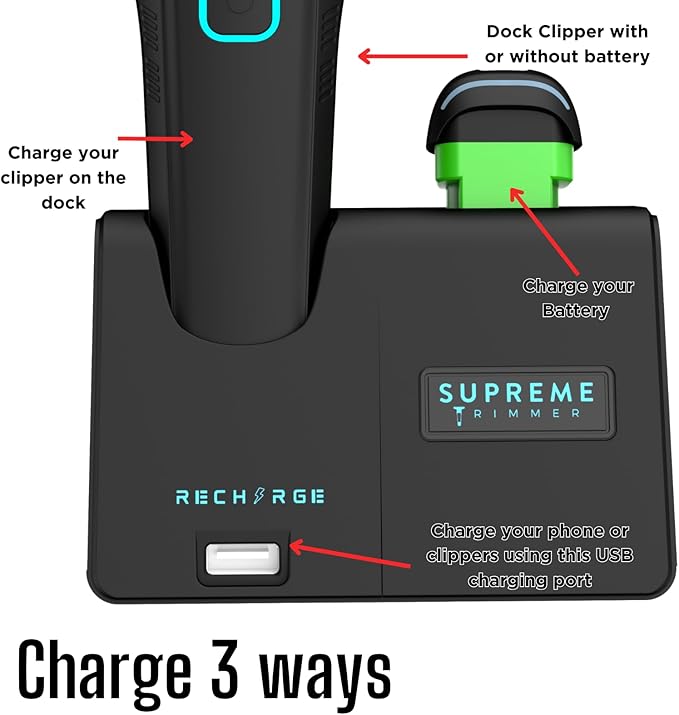 Supreme Trimmer Recharge Clipper - Professional Hair Clipper with 2 Removable Batteries, Brushless Motor, Smart Charge Stand, USB-C Charge & DLC Blades Barbers | STC779