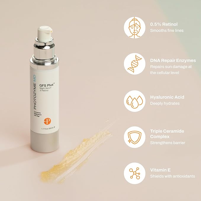 Photozyme GFS Plus Night Serum with 0.5% Retinol – Anti-Aging Peptide Complex – Reduces Wrinkles, Dark Spots & Sun Damage – Brightens, Firms & Evens Skin Tone – 0.5 fl oz
