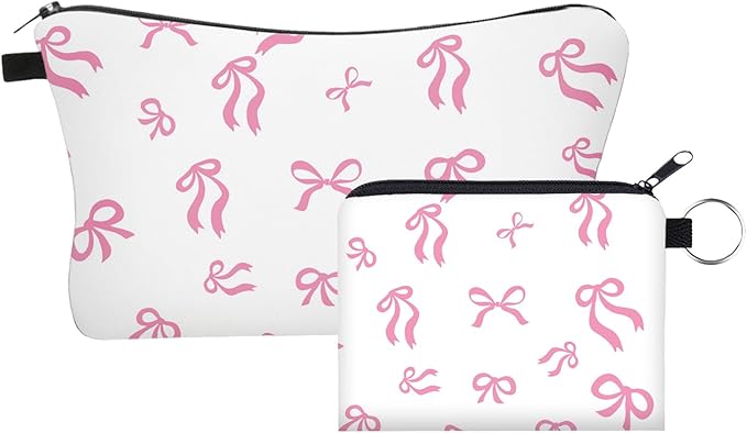 Bow Makeup Bag Set for Women, Cute Travel Cosmetic Pouch Toiletry Organizer with Zipper, Aesthetic Makeup Bags for Purse, Gifts for Girls Teens Bridesmaids