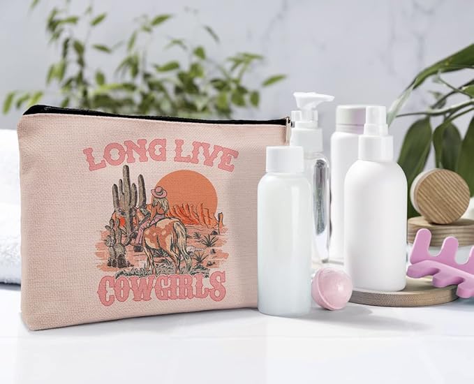Pink Cowgirl Cosmetic Bag, Western Supplies for Women Makeup Bag for Purse, Western Makeup Bag, Long Live Cowgirls Preppy Gifts Cowgirl Gifts Pouch Bags, Western Bags for Women