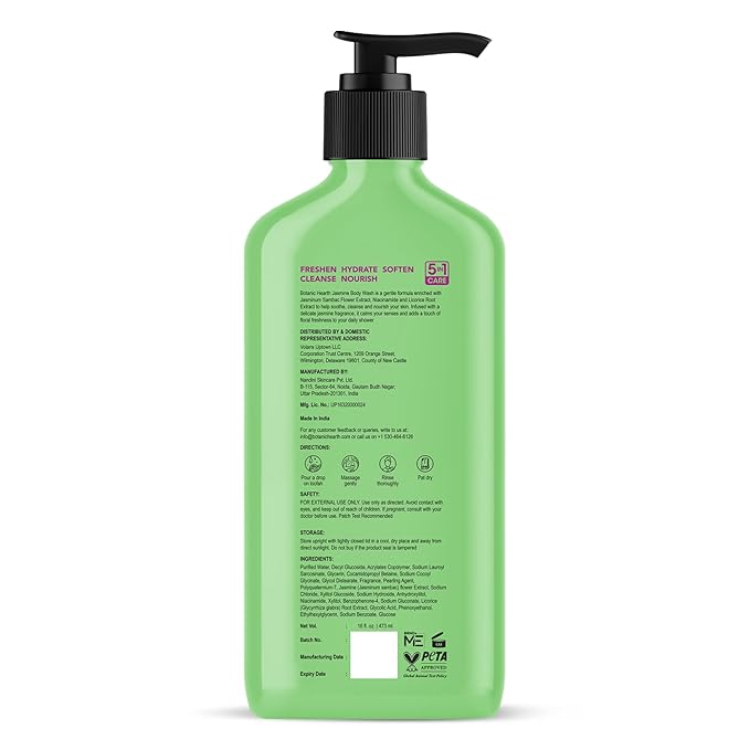 Botanic Hearth Jasmine Body Wash, 5-in-1 Care Formula, Paraben & Sulphate Free, 16 fl oz (473 ml), Gentle Body Cleanser with Soothing Floral Fragrance