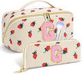 Personalized Travel Makeup Bag Set,Initial Travel Strawberry Makeup Organizer Bag,Toiletry Skincare Cosmetic Bag,Christmas Gifts for Women/Girls,Open Flat Toiletry Pouch with Brush Pocket-G