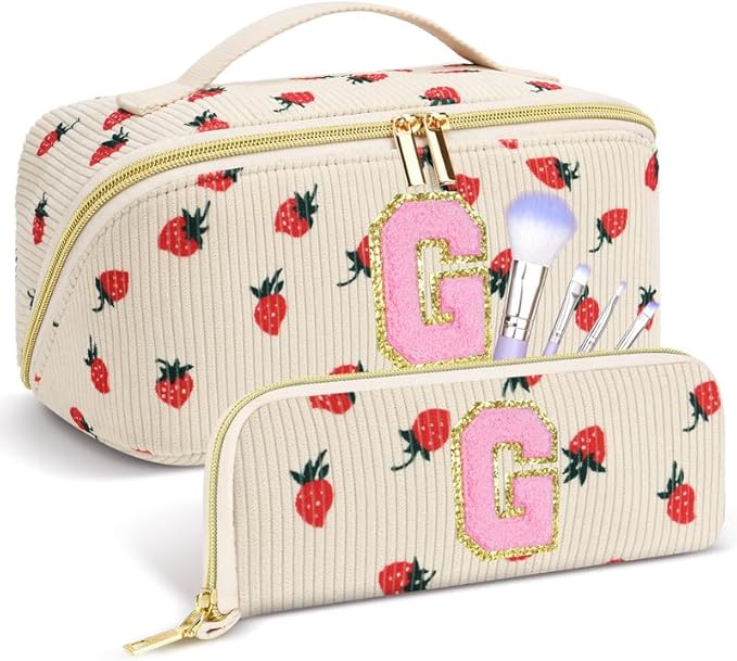 Personalized Travel Makeup Bag Set,Initial Travel Strawberry Makeup Organizer Bag,Toiletry Skincare Cosmetic Bag,Christmas Gifts for Women/Girls,Open Flat Toiletry Pouch with Brush Pocket-G