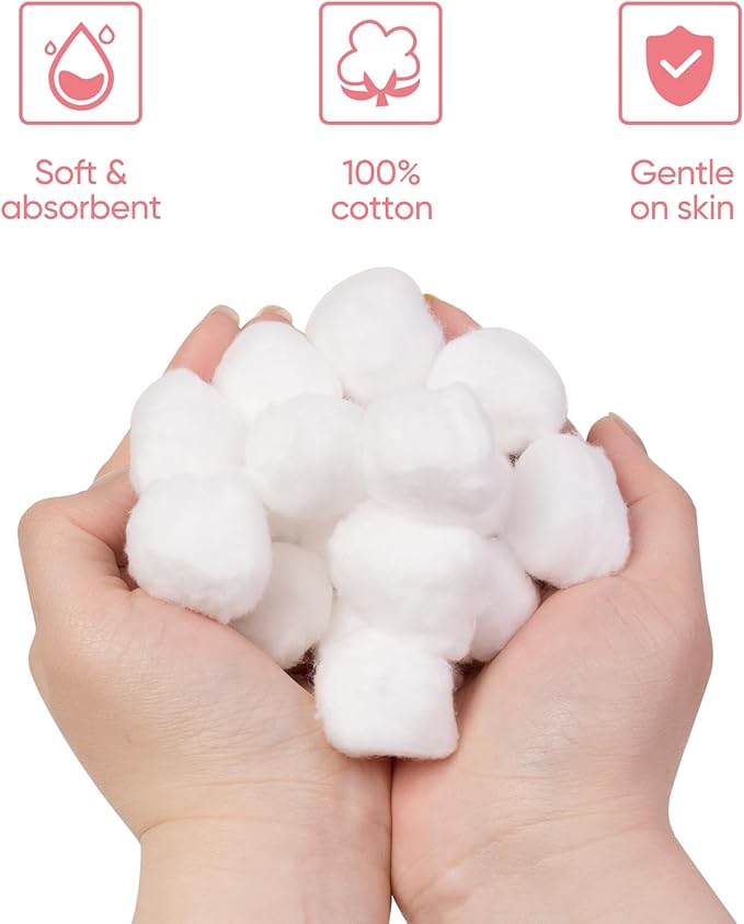 100% Pure Cotton Balls, Large Size, Soft and Absorbent for Make-Up, Nail Polish Removal, Pet Care, Applying Lotion or Powder and First-Aid for Everyday Household Use, 100 Count