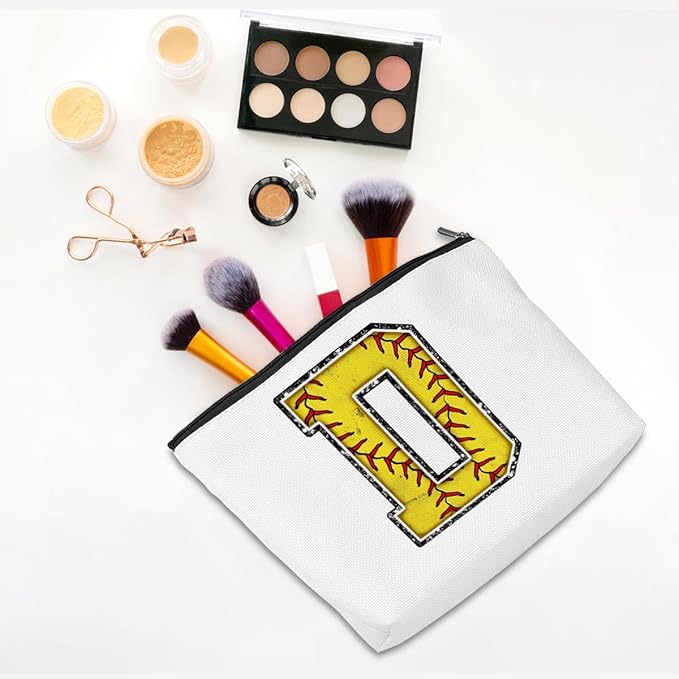 Monogrammed Cosmetic Bag - Initial Makeup Bag with D Zipper Pouch - Softball Accessories for Girls & Women - Graduation & Birthday Gifts