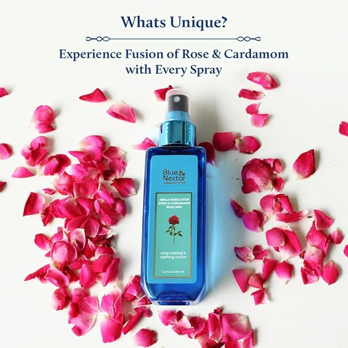 Blue Nectar Uplifting Body Mist with Himalyan Rose and Cardamom for long lasting freshness and aromatic body odor (3.4 Fl oz)