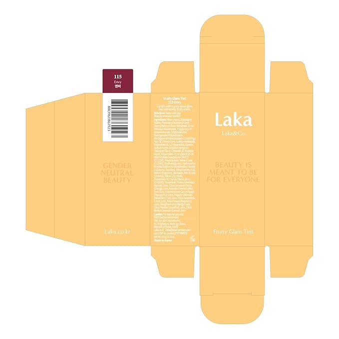 Laka Fruity Glam Tint, Glowing Lip Stain with Wide Color Spectrum, Hydrating & Lightweight Texture, Long-Lasting Bold Stain, Non-Sticky, Vegan, K-Beauty (#115 Envy, 4.5g/0.15oz)