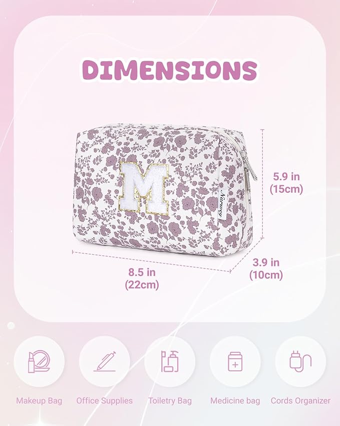Narwey Birthday Gifts for Teen Girls Kids Women Personalized Initial Floral Makeup Bag Cute Cosmetic Trendy Stuff 6 8 10 11 12 13 14 16 18 Years Old Travel Toiletry Bag (Little Dusty Pink Flower M)