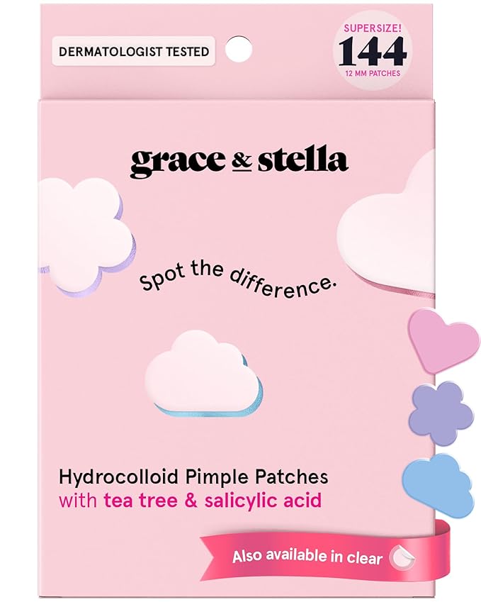 grace & stella Award Winning Pimple Patches for Face - Dermatologist Tested Acne Patches - Hydrocolloid Patch for Breakouts, Whiteheads - Vegan Acne Spot Treatment for Face (Multishape, 144 Count)