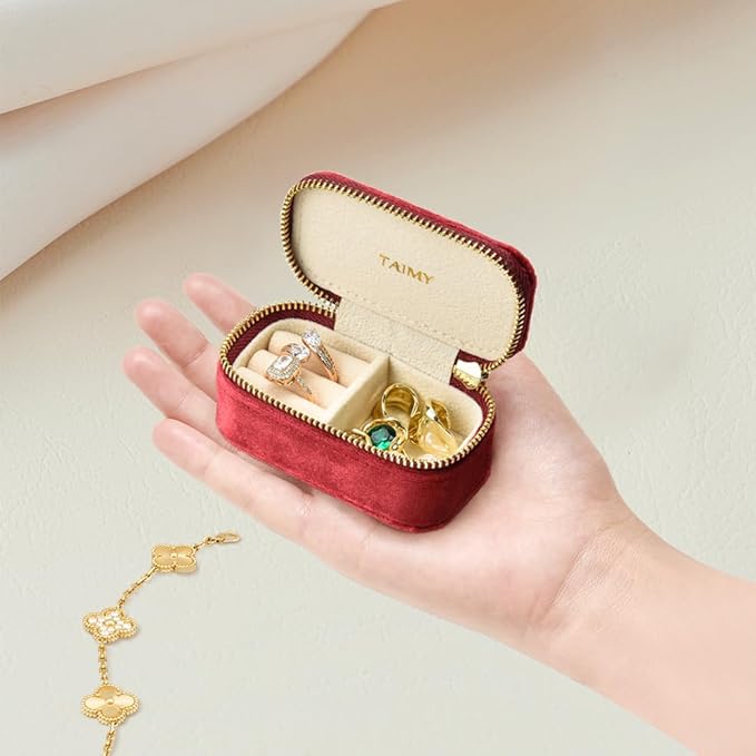 Small Travel Jewelry Case, Mini Tiny Plush Velvet Jewelry Box for Women and Girls, Pocket Size Jewelry holder organizer for Rings Earrings and Small Items(Burgundy)