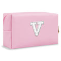 ChaoGreat Bride Gifts – Personalized Initial Makeup Bag with Pearl Rhinestone Patch, Preppy Pink Monogram Cosmetic/Toiletry Pouch, bridesmaid Gifts, Bridal Shower Gifts, Wedding Gifts, Bridal Gifts,V