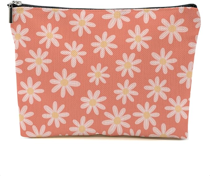Vintage Daisy Flowers Makeup Bag Floral Cosmetic Bag Friend Friendship Gifts for Women Girls Sister Coworker Bestie Botanical Travel Organizer Zipper Pouch Christmas Thanksgiving Birthday Gifts
