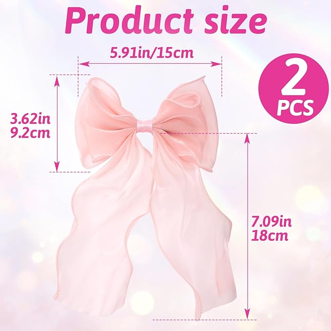 2Pcs Large Hair Bow Clips, Pink Silk Lace Ribbon Bow for Women, Elegant Long Tail Bowknot French Hair Styling Barrette for Wedding, Parties, Daily Use