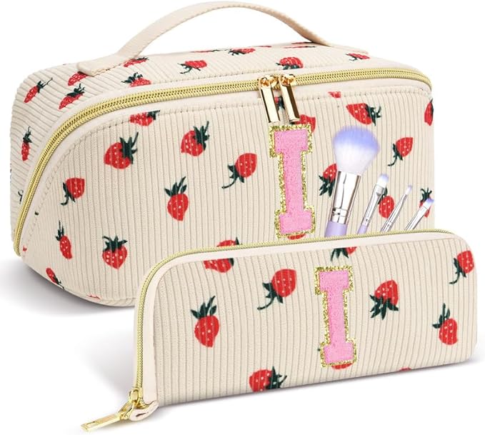 Personalized Travel Makeup Bag Set,Initial Travel Strawberry Makeup Organizer Bag,Toiletry Skincare Cosmetic Bag,Christmas Gifts for Women/Girls,Open Flat Toiletry Pouch with Brush Pocket-I
