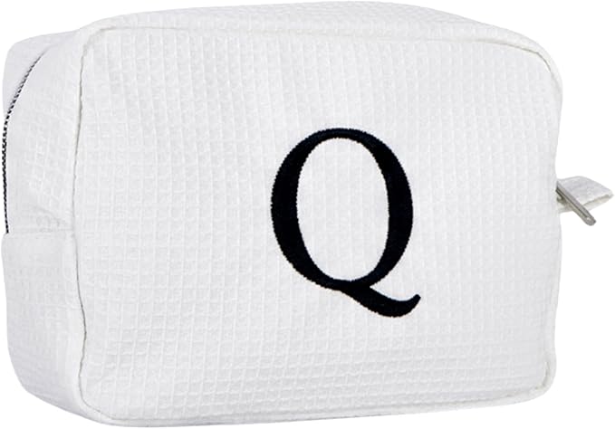 Personalized White Waffle Makeup Bag,Custom Embroidered Initial Cosmetic Pouch for Women,Monogrammed Cosmetic Case,Bridesmaid Gifts (Q)