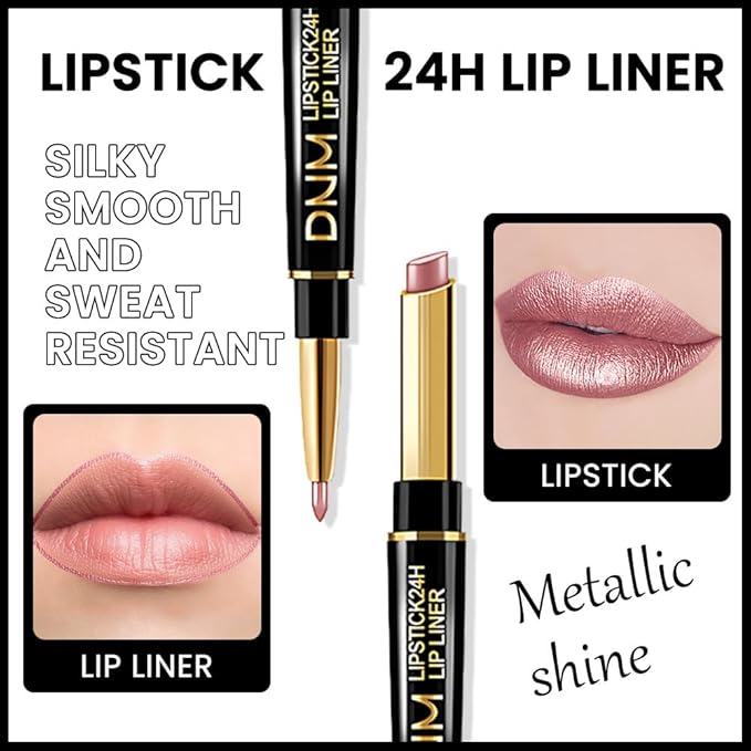 Kaely 2-in-1 Rose Nude Pink Metallic Shine Shimmer Lip Liner & Lipstick Combo Set Kit for Women, Lightweight Hydrating Formula High Impact Full Coverage Lipstick and Lip Liner Makeup Gloss 17