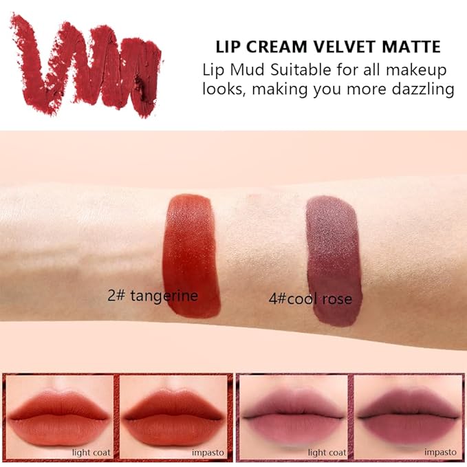2pc Thailand Lipstick Set for Women, Lip Cream Long Lasting Waterproof with Velvet Matte & Soft Lightweight, Lip Mud Suitable for All Makeup Looks, Making You More Dazzling （Tangerine& Rose