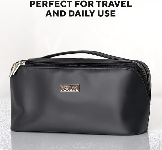 NAORI Travel Makeup Bag for Women | Large Luxury Cosmetic Organizer with Handle & Inner Pockets | Waterproof Leather Toiletry Bag | Makeup Case for Home, Travel & Gifting (Elegant Black)