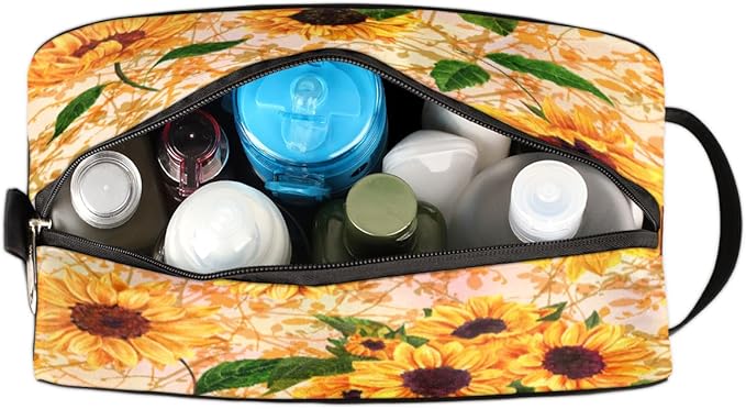 Vintage Flower Sunflower Travel Toiletry Bag for Women Men Lightweight Cosmetic Makeup Bag Organizer Waterproof Shaving Bag Dopp Kit with Large Capacity for Toiletries and Shaving Accessories