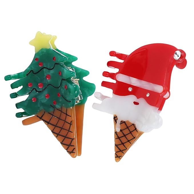 Original Italian Designed Mini Christmas Hair Claw Clips for Women, Strong Grip Plant-Based Acetate Hair Clips for Girls, Cute Christmas Tree Santa Ice Cream Hair Accessories With Gift Box 2pcs