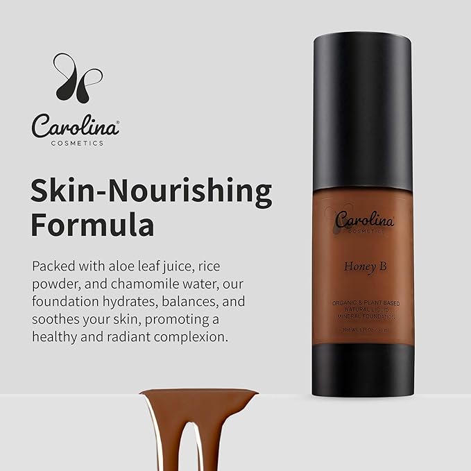Carolina Cosmetics - Foundation in Honey B Shade Plant-Based - Hydrating, Pore-Minimizing & Buildable Coverage - Vegan, Non-GMO, Paraben-Free - 1oz