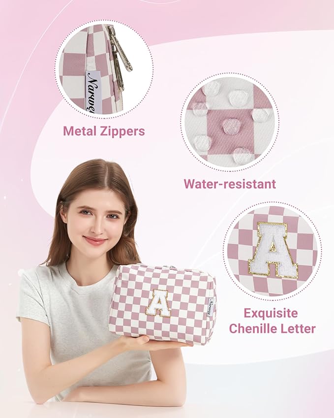 Narwey Christmas Gifts Personalized Initial Makeup Bag, Stocking Stuffers for Teen Girls Kids Trendy Stuff 10 11 12 13 14 16 18 Years Old, Gift for Women, Travel Toiletry Preppy Cosmetic Bag (Pink A)