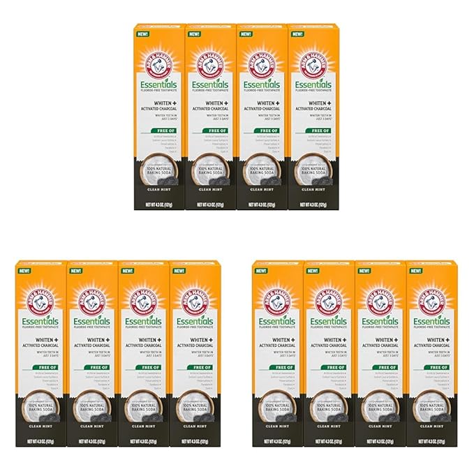 ARM & HAMMER Essentials Fluoride-Free Toothpaste Whiten + Activated Charcoal-12 Pack of 4.3oz Tubes, Clean Mint- 100% Natural Baking Soda