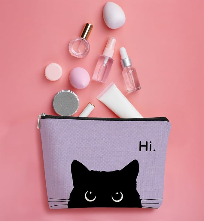 Cute Cat Makeup Bag, Black Kitty Cosmetic Pouch - Retro Stripes