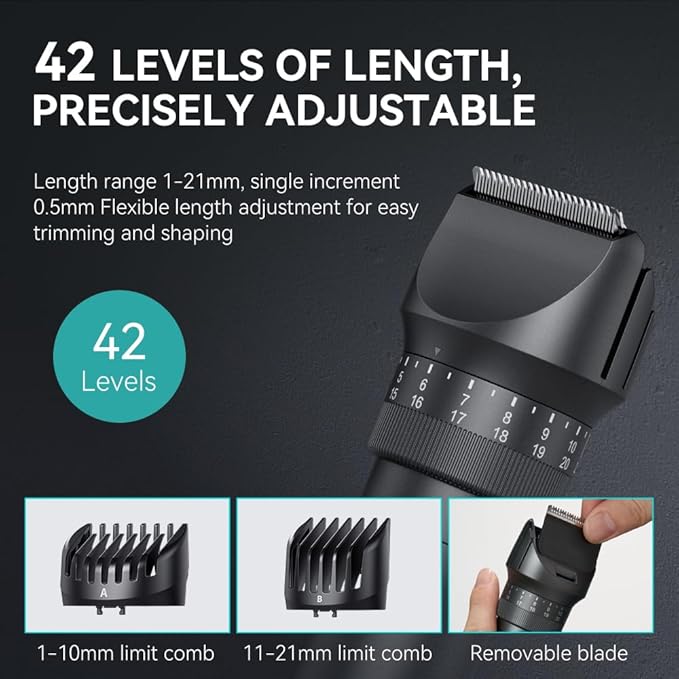Beard Trimmer for Men - Professional 42 Adjustable Length Settings Hair Clippers, Body Hair Trimmer for Men Precision Shaving Facial Head Nose Trimmers LED Display IPX6 Waterproof Mustache Trimmers