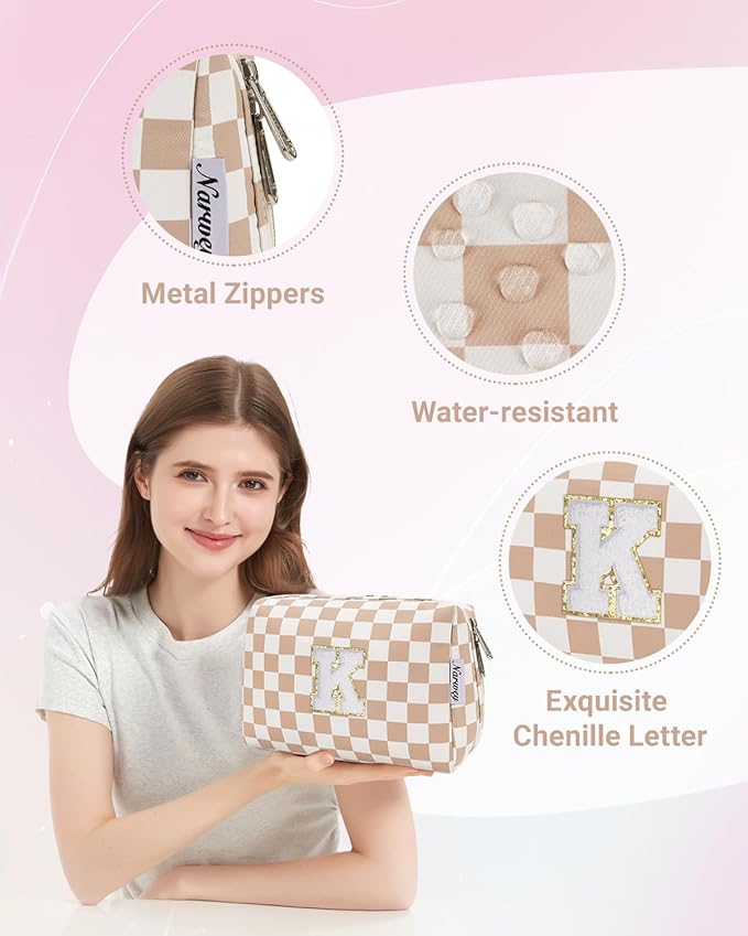 Narwey Birthday Gifts for Women Teen Girls Kids Personalized Initial Checkered Makeup Bag Cute Cosmetic Bag Trendy Stuff 6 8 10 11 12 13 14 16 18 Years Old Travel Toiletry Bag (Brown Letter K)