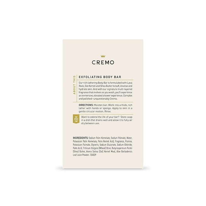 Cremo Exfoliating Body Bar for Men, Bourbon & Oak Scent, Multi-Layered Fragrance That Buffs, Cleanses and Hydrates Skin, 5oz