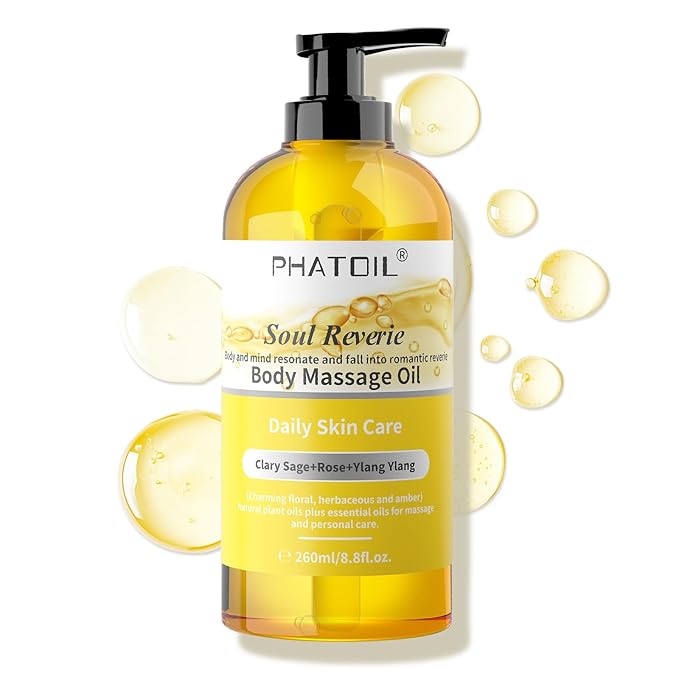 PHATOIL 260ML YlangYlang Body Massage Oil for with Clary Sage and Rose Oil, Large Bottle Body & Facial Oil for Nourishing Skin, Muscle, Scented Body Oil for After Shower(8.8FL.OZ)