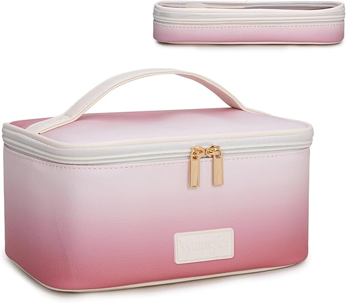 Montana West X Wrangler Travel Makeup Bag 2pcs Set Large Cosmetic Bag with Makeup Brush Holder Portable Make Up Organizer Cute Toiletry Bag with Divider and Handle for Women Gradient