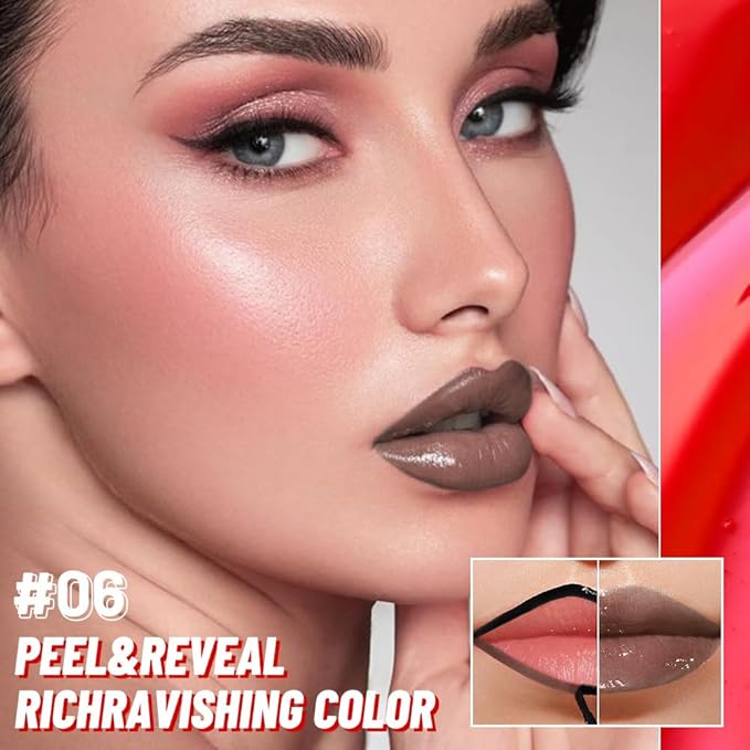 Brown Lip Stain Peel off Lip Oil Dual Ended Combo Set, 2 in 1 Lips Liner Stain Oil Peel off Long Lasting Waterproof, High Pigmented Flawless Lips Tint Stick Not Faded Vegan & Cruelty-free 06#