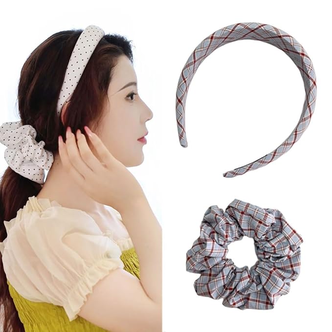 Headband and Scrunchie Set for Women 2Pack Hair Ties for Girls Elastics Bands Ponytail Holder Hair Accessories Red Lattice