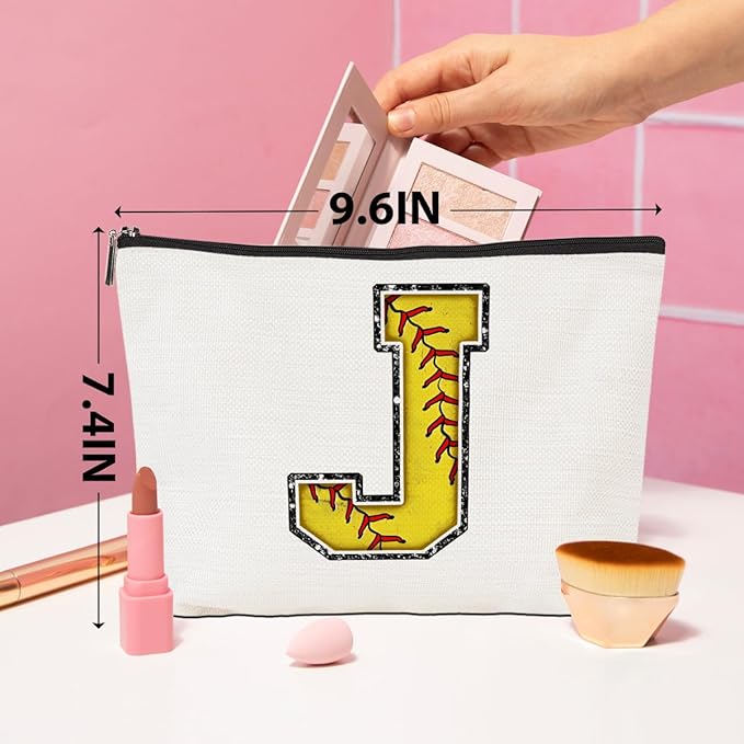 Initial Makeup Bag Monogrammed Cosmetic Bag Letter J Zipper Pouch Softball Accessories for Girls Women Player Coach Friend Graduation Birthday Gifts