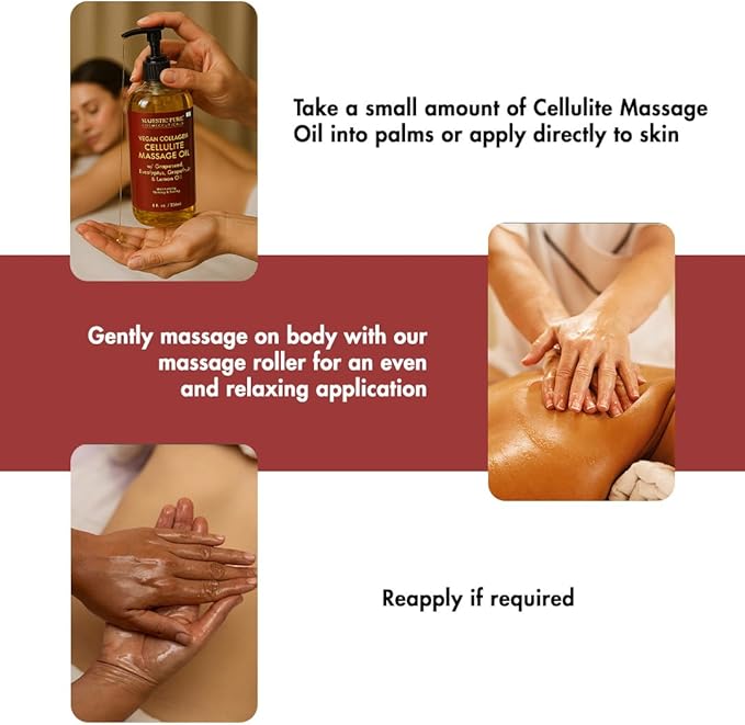 MAJESTIC PURE Massage Oil for Massage Therapy - Refreshing, and Relaxing - Natural Oils - for All Skin Types - Men and Women (8 Fl Oz, Cellulite Massage Oil with Roller)